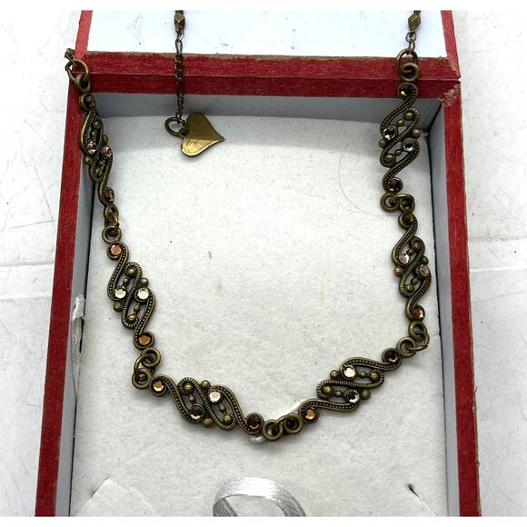 Glass Works Studio Necklace Choker Brass Crystals Signed Vintage Victorian Look - Picture 1 of 14